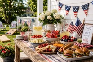 Patriotic outdoor party table with flags, bunting, and a spread of burgers, fruit, and lemonade in a sunny backyard garden.