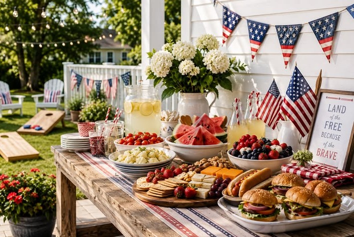 Patriotic outdoor party table with flags, bunting, and a spread of burgers, fruit, and lemonade in a sunny backyard garden.